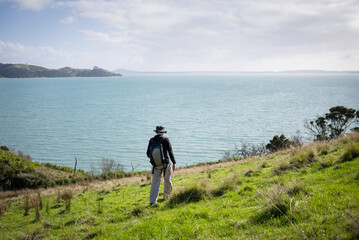 Fototapeta premium Man walking on the coastal walkway. Duder Regional Park. Auckland.