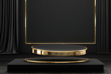  Gold black podium background 3D golden product line stage dark platform wave display. Design podium black luxury gold light scene pedestal presentation showcase event beauty object cosmetic sale