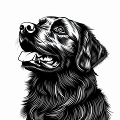 A black and white drawing of a golden retriever dog