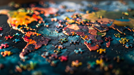 Colorful jigsaw puzzles come together to create a map. Each piece reveals a unique region. and connected to each other The complete map emphasizes the diversity and unity of the various areas.