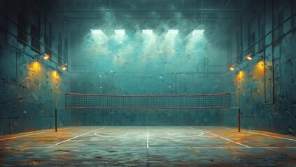 Empty Indoor Volleyball Court With Fog and Lights at Night