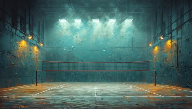 Empty Indoor Volleyball Court With Fog and Lights at Night