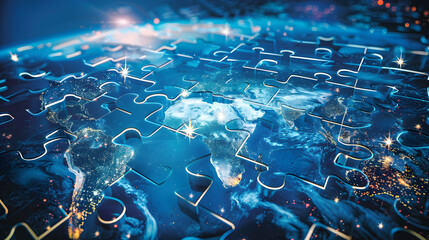 Colorful jigsaw puzzles come together to create a map. Each piece reveals a unique region. and connected to each other The complete map emphasizes the diversity and unity of the various areas.