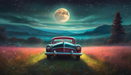 A classic car on the full moon in a field of flowers, front view, retro landscape concept
