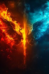 Two wings with fire and flames.