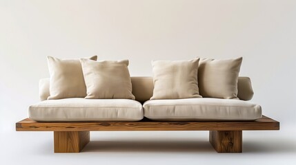 Fototapeta premium A wooden bench with two pillows on it.