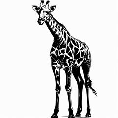 Naklejka premium A black and white drawing of a giraffe on a white background