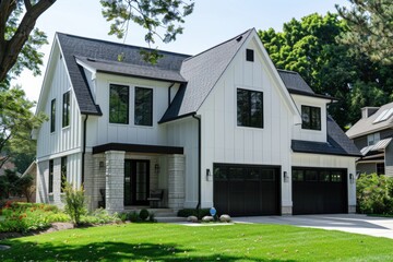 Black Windows. Contemporary White Farmhouse with Dark Roof in OAK PARK, IL, USA
