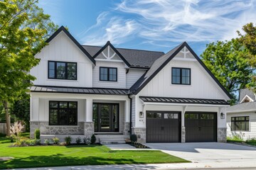 Black Windows. New White Contemporary Farmhouse with Dark Shingled Roof in Oak Park, IL, USA
