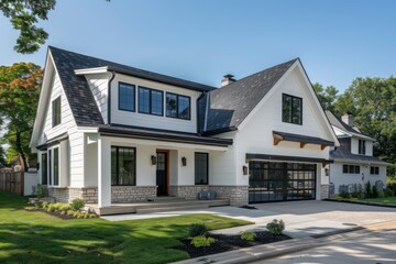 Black Windows. A Contemporary Farmhouse with Dark Shingled Roof in Oak Park, IL, USA