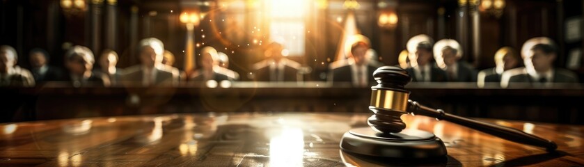Gavel in focus, courtroom blurred in background.