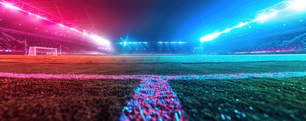 Illuminated soccer field at night with vibrant blue and pink lights, highlighting the goalpost and turf in an empty stadium.