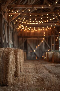 Rustic barn with hay bales and string lights creating a warm, nostalgic atmosphere, perfect for country-themed decor or events backdrop.