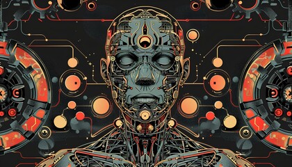 A vector morphing design illustrating a human figure with robotic features, set against a dark background.