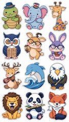 Obraz premium Adorable Cartoon Animal Stickers Collection Featuring Cute Turtle, Owl, Giraffe, Eagle, Elephant, Deer, Panda, Dolphin, Lion, and Fox Illustrations