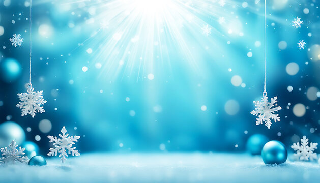 winterlich blau wei&szlig;er Hintergrund mit Sonnenstrahlen Schneeflocken Bokeh und Glitzern &uuml;ber freier Fl&auml;che mit Schnee und Eis f&uuml;r Werbung Produkte selbst gestalten weihnachtlich Weihnachten 