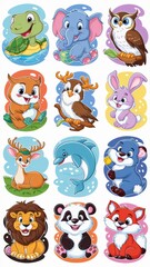 Naklejka premium Adorable Cartoon Animal Stickers Collection Featuring Cute Turtle, Owl, Giraffe, Eagle, Elephant, Deer, Panda, Dolphin, Lion, and Fox Illustrations