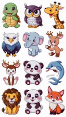 Adorable Cartoon Animal Stickers Collection Featuring Cute Turtle, Owl, Giraffe, Eagle, Elephant, Deer, Panda, Dolphin, Lion, and Fox Illustrations