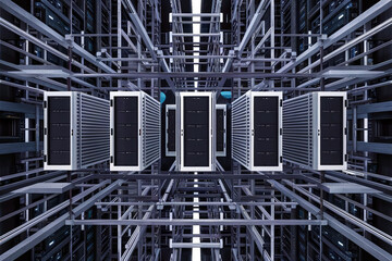 High-tech server room with multiple server racks filled with advanced supercomputer servers, showcasing a modern technology concept background.