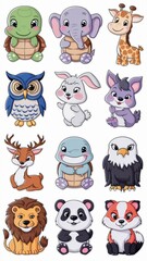 Naklejka premium Adorable Cartoon Animal Stickers Collection Featuring Cute Turtle, Owl, Giraffe, Eagle, Elephant, Deer, Panda, Dolphin, Lion, and Fox Illustrations