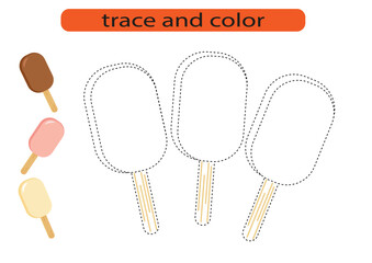 Trace and color sweet ice cream. Handwriting practice for kids. Tracing and coloring for preschoolers.