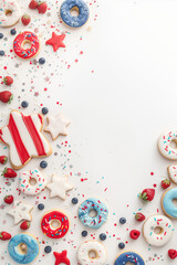 Fourth of July Festive Dessert Layout with Star-Shaped Cookies, Donuts with Red, White, and Blue Icing, Fresh Berries, and Ample Copy Space for Text or Holiday Greetings  - Vertical composition 