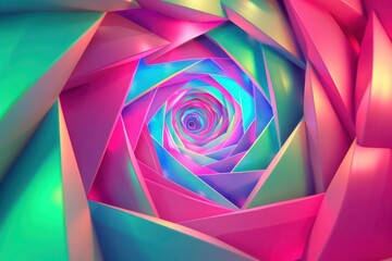 A 3D dynamic array of spiraling geometric shapes in neon pinks, blues, and greens, forming an abstract and visually striking background