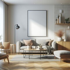 A living room style interior set design with a mockup poster empty white and with a couch and a table.