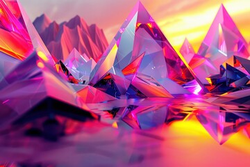 A 3D surreal landscape filled with neon-colored geometric prisms and pyramids, creating an abstract and otherworldly background, captured in sharp, vivid detail by an HD camera