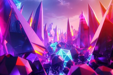 A 3D surreal landscape filled with neon-colored geometric prisms and pyramids, creating an abstract and otherworldly background