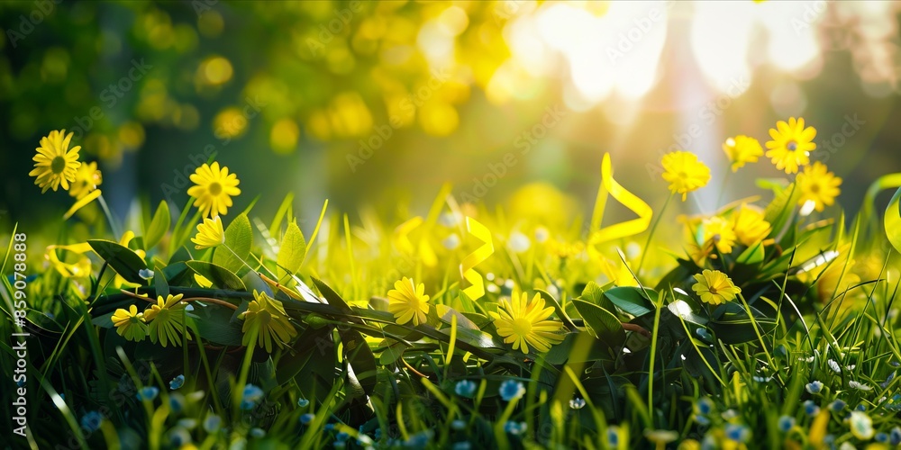 Wall mural A sunny day with yellow flowers in the grass. - Wall murals