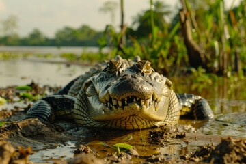 Obraz premium Caiman Close-Up: A Reptilian Gaze