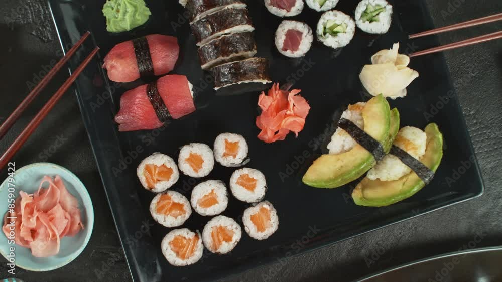 Wall mural Top View of Various Kind of Sushi Pieces with Camera Motion. Fresh Japanese Sushi, Asian Cuisine Concept. Placed on Black Stone Table.  Camera Placed on Motion Control System, Making Movement.