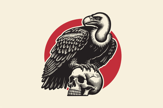 A vulture bird sitting on a human skull. Vintage engraving vector illustration, sketch, tattoo, print, emblem. isolated object, cut out