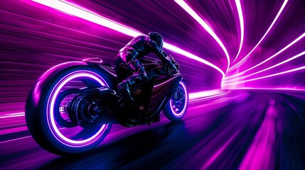 A motorcycle is driving through a tunnel with purple lights.