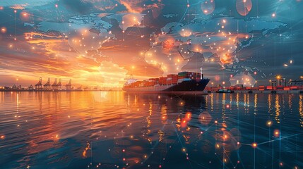 A cargo ship sails against a sunset backdrop, accompanied by a digital world map overlay, emphasizing the vast and interconnected nature of global maritime commerce.