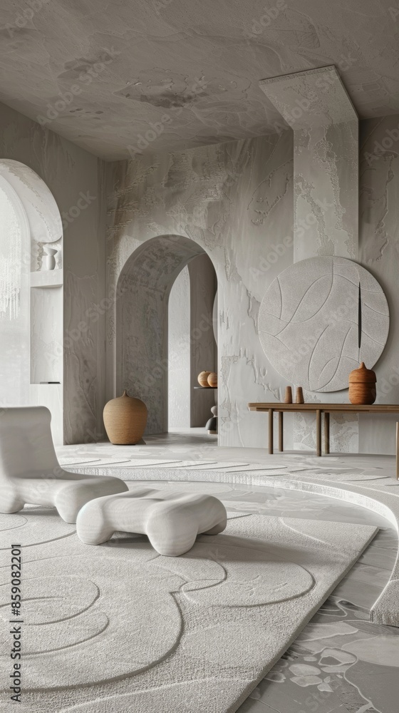 Poster a neutraltoned rug with overlapping circles offering a balanced and harmonious focal point.