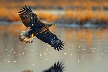 Obraz premium Eagle gliding above wetlands, golden hour, expansive view, reflective waters, wide shot, clear details, serene