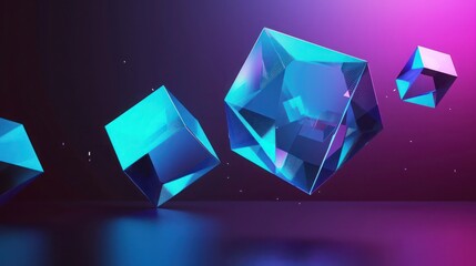 A dynamic abstract background featuring 3D geometric shapes in vibrant neon blue hues, floating seamlessly with a gradient black-to-purple backdrop,