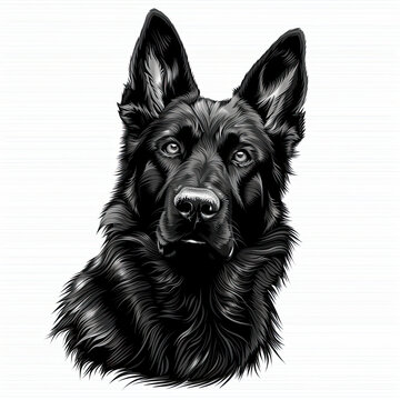 A black and white drawing of a german shepherd dog