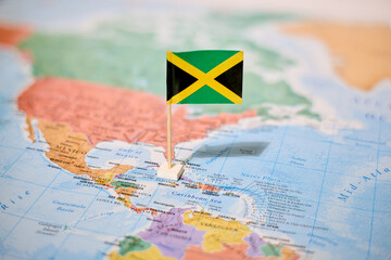 Jamaica on world map with flag