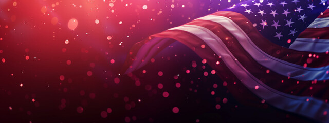 US memorial day concept with American flag waving on red and blue bokeh background, copy space for text