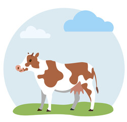Cow standing in green grass. Editable vector illustration of a cow in green background. Organic farming logotype  Label with cow