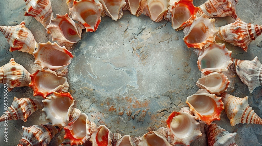 Poster an abundance of beautiful conch shells arranged in a circular frame