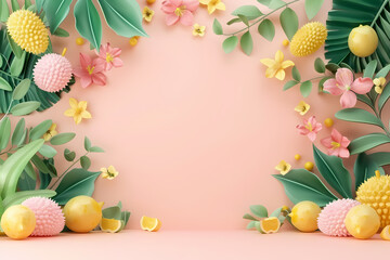 Tropical leaves and flowers frame a pink background, creating a summery and vibrant backdrop.