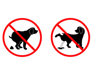 No dog poop sign and No pissing dog sign. Shitting is not allowed. Information circular sign for dog owners.  No poo and no pee