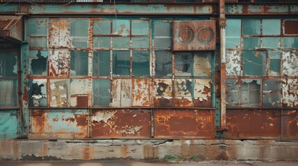 Exterior view of dilapidated factory with broken windows and rusty steel space for text