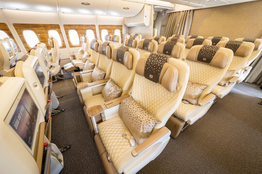 Berlin, Germany - June 7, 2024: Premium Economy class onboard of Emirates Airlines Airbus A380. Comfortable travel style.