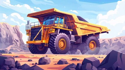 Obraz premium A large yellow quarry dump truck is used for loading and transporting coal at a mining site, facilitating the extraction of useful minerals from an open-pit operation.
