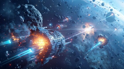 A fleet of spacecrafts equipped with 6G technology working in unison to deflect a dangerous asteroid heading towards Earth.